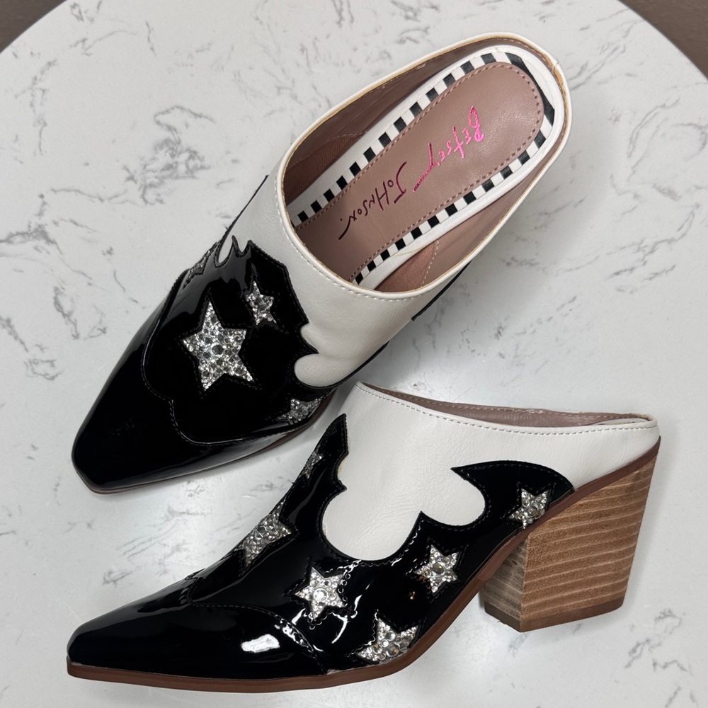 Betsey Johnson Black & White Denniss Embellished Patent Western Starry Mules - 6
